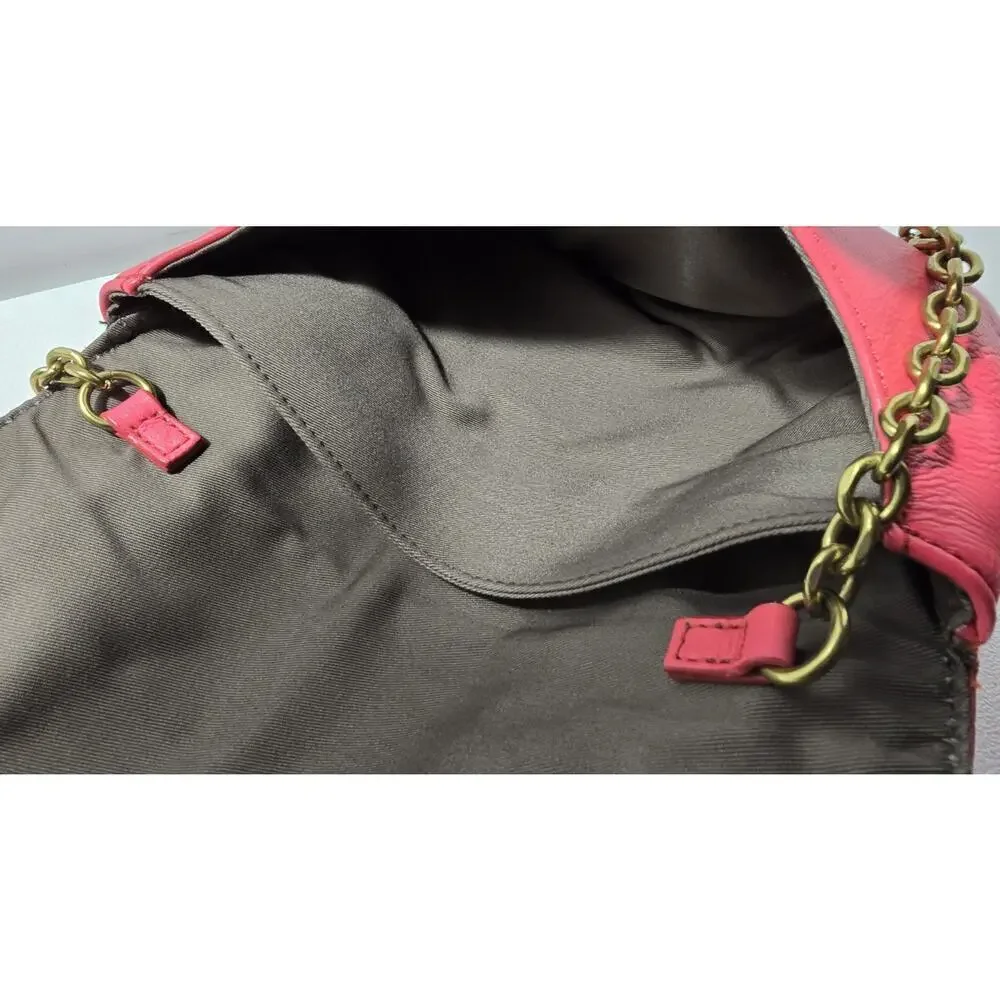 J. Crew Hot Pink Leather Invitation Bag Clutch Envelope Shoulder Purse w/Chain